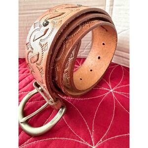 Fossil Womens Brown Tooled Leather Western Belt Silver Studded BT2836101 Size L